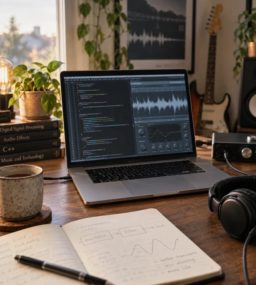 An audio development workspace with code, waveforms, and an audio interface