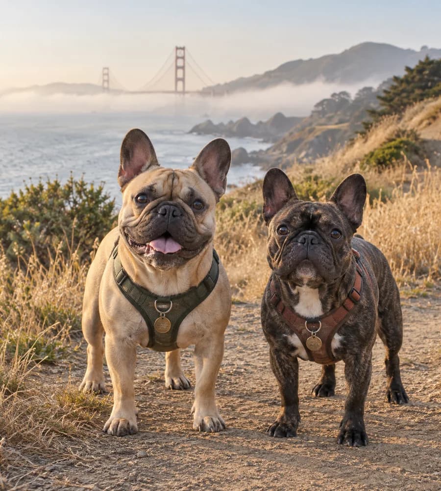 Two French bulldogs on a coastal trail overlooking the Golden Gate Bridge