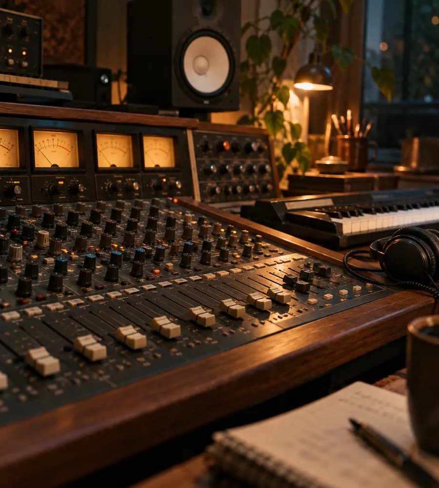 Mixing console faders and glowing analog meters in a recording studio